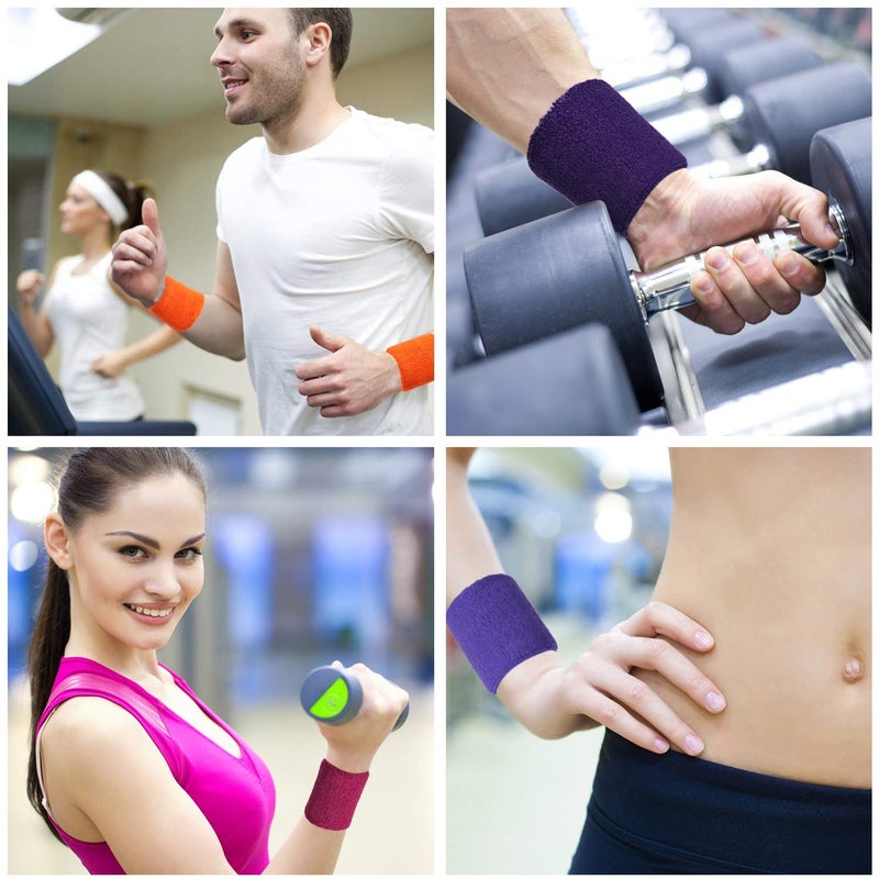 Bememo 12 Pcs Neon Sweatbands Wristband Sweat Wrist Band Competitions Absorbent Sweatbands for Men Women, for Sports, Running(3.15",Pink, Dark Pink, Dark Purple, Orange, Green, Lake Blue) - Image 2